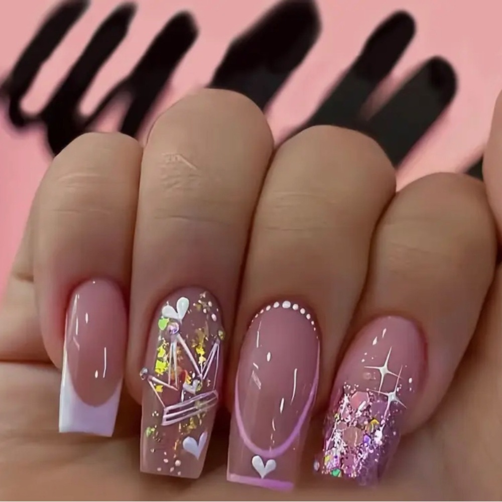 🍒🍒 Pink and Glitter White French Tip Nail Set 24 Pieces